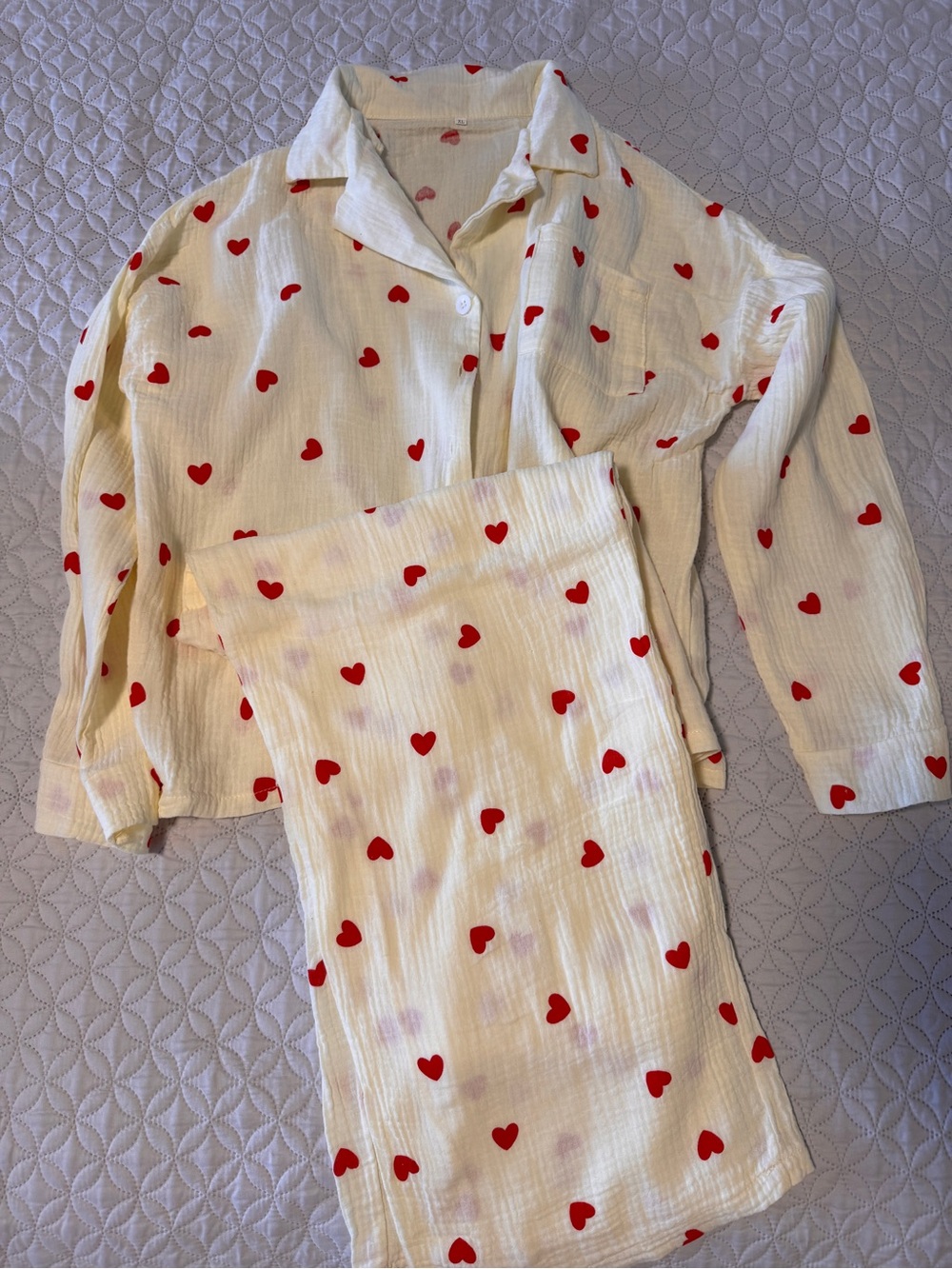 Kids Cream Pajama Set with Red Heart Print